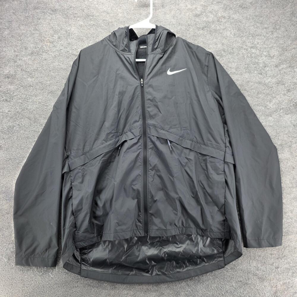 Nike Windbreaker Jacket Mens XL Black Hooded Full Zip Pockets Lined Reflective